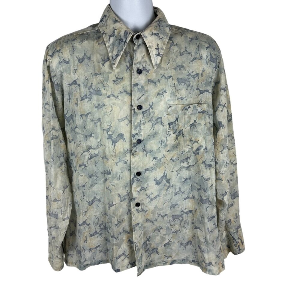 Vintage Blue Buckle Button-Up Mens Shirt With Deer Print Design Size L